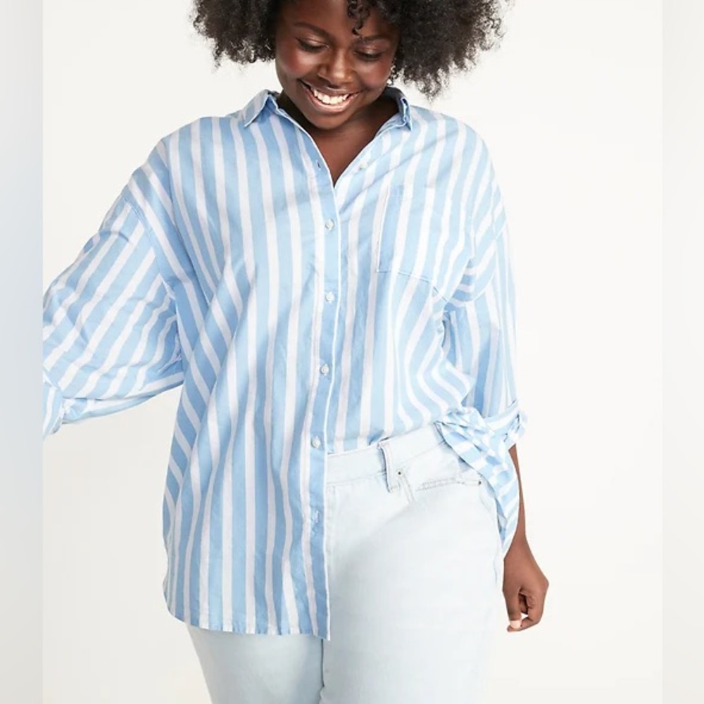 NWT Old NAVY Women’s The Boyfriend Button Down Shirt Blue Whte Stripe 4X Cotton